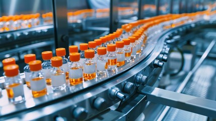 State-of-the-art contemporary pharmaceutical facility producing medical ampoules on a conveyor belt with orange caps, for the creation of vaccines and medications.
