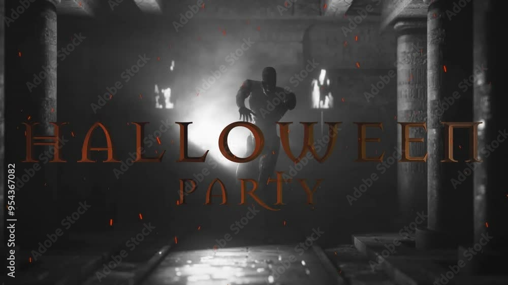 Wall mural animation of halloween party text over zombie walking on empty street background