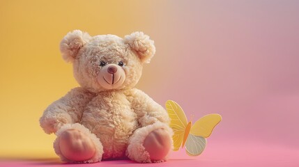 Teddy bear with a butterfly pink and yellow background
