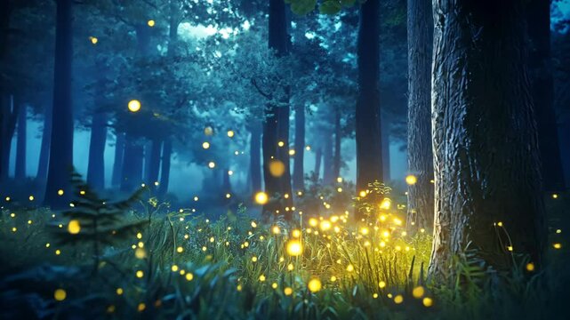 Magical fireflies light up a serene forest at dusk, showcasing nature's enchanting beauty