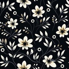 Seamless pattern with white flowers and leaves on black background.