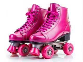 Vibrant pink roller skates with laces and wheels on a white background, ready for a fun and fashionable