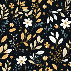 Seamless pattern with white flowers, leaves and branches on black background.