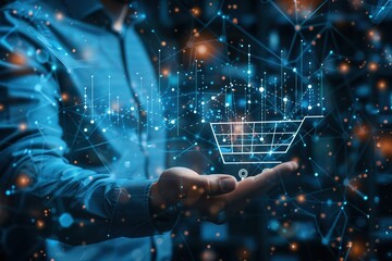 A man is holding a hand up to a computer screen that shows a shopping cart. Concept of shopping and the convenience of online shopping