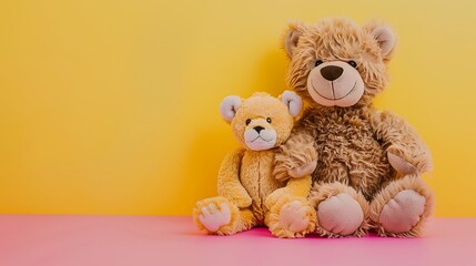 Teddy bear with a lion cub pink and yellow background