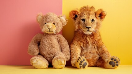 Teddy bear with a lion cub pink and yellow background