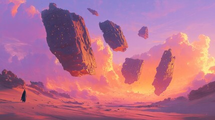 A lone figure walks on a desert planet with floating rock formations in a pink and orange sky.