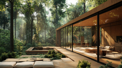 Fototapeta premium A secluded forest home with expansive glass walls, offering a breathtaking view of the