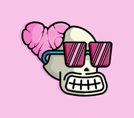 Cartoon Illustration of confident smiling skull with a heart shaped brain section. Can be used for birthdays, parties, Valentine Day, celebrations and printed on t-shirts, hoodies, tote bags