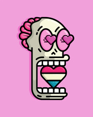 shocked skull bites a heart shaped rainbow and glares out love with brains spilling out. Can be used for birthdays, parties, Valentine Day, celebrations and printed on t-shirts, hoodies, tote bags