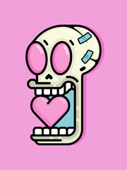 Cartoon Illustration of happy and smiling skull biting a heart or love. Can be used for birthdays, parties, Valentine Day, celebrations and printed on t-shirts, hoodies, tote bags