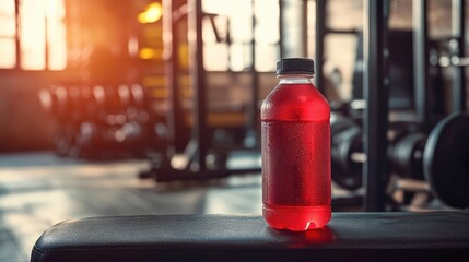Close-Up of Blue Energy Drink Bottle on Gym Bench with Barbell in the Background