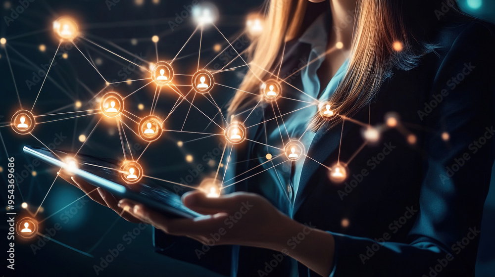 Poster business network concept with a business woman using a tablet. business tech digital connection netw