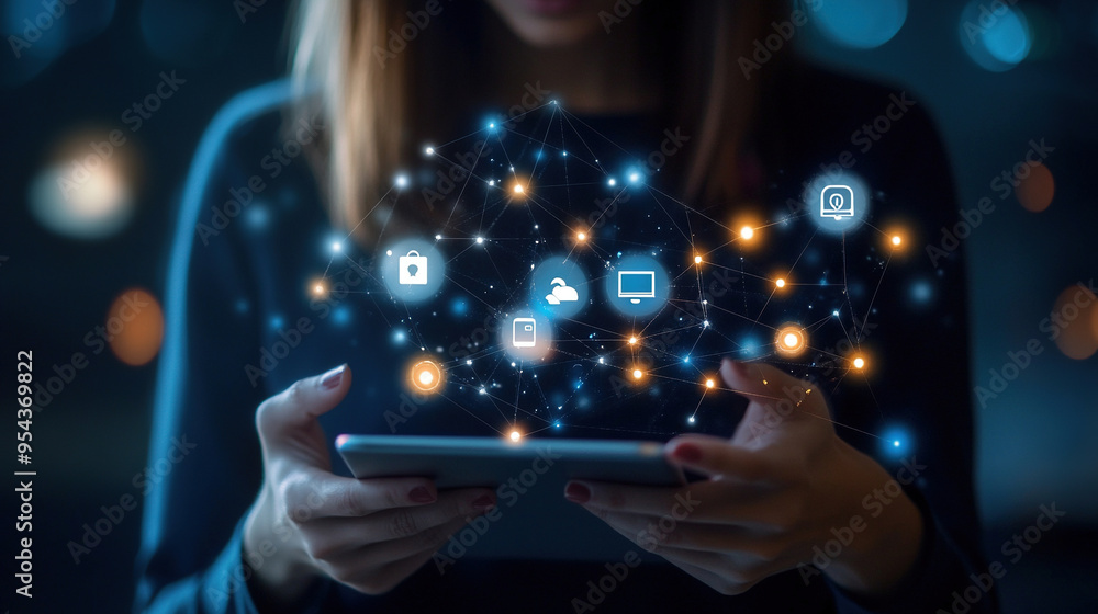 Aufkleber business network concept with a business woman using a tablet. business tech digital connection netw