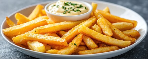 Crispy Hand-Cut Fries with Creamy Artisanal Aioli, A Perfect Pairing for Any Meal These golden-brown fries are made with fresh potatoes and cooked to perfection, offering a satisfying crunch with