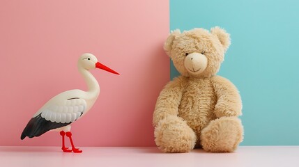Teddy bear with a stork isolated on colorful background