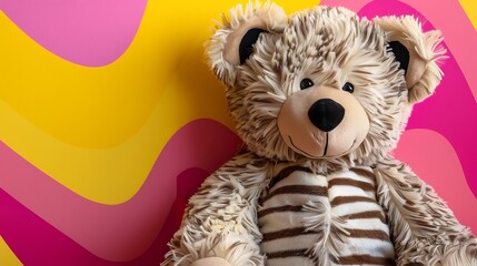 Teddy bear with a zebra pink and yellow background