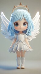 Adorable Anime Style Fairy Girl with Blue Hair and Wings in Ethereal White Dress