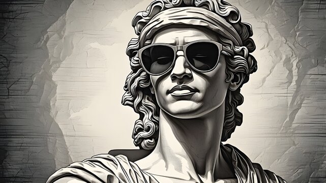 An ancient statue reimagined with contemporary sunglasses, illustrated in a detailed sketch engraving style. The black and white raster image mimics scratch board art, adding a modern touch to classi