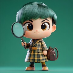 Curious Chibi Character Investigating with Magnifying Glass on Green Background