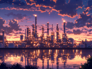 Evening picture of the refinery. AI generative.