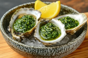 Fresh Oysters on Ice with Artisanal Sauces, Coastal Inspired Seafood Delicacy, Perfect for a Special Occasion or Romantic Dinner Enjoy the Freshness of the Sea with Each Bite