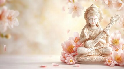 Goddess Saraswati playing a sitar, surrounded by blooming flowers, isolated on white background.