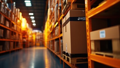 Fototapeta premium A well-organized warehouse showcasing rows of shelves filled with cardboard boxes, perfect for commercial use and logistics themes.