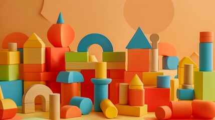 Toy construction blocks and puzzle isolated on amber and peach background