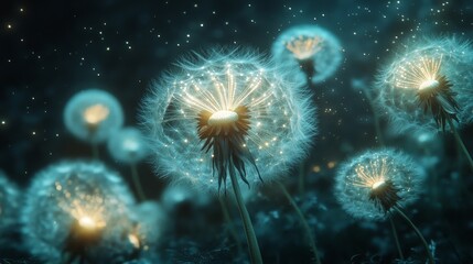 Illuminated Dandelion Seeds Floating in a Blue Dusk