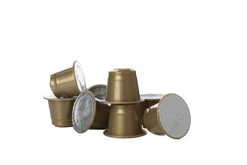 PNG, Golden coffee capsules with foil, isolated on white background