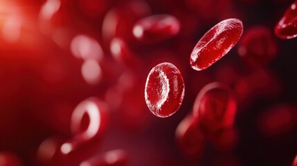 Close-up of red blood cells floating in a dynamic and textured background, illustrating human biology and health.