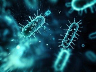 Close-up view of glowing bacteria in a dark environment, illustrating the intricate details of microscopic life forms.