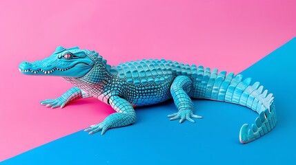 Fototapeta premium Toy crocodile on cyan and magenta background