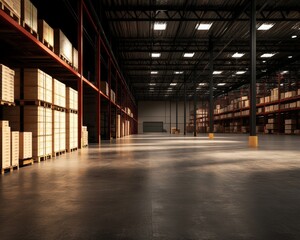 Spacious warehouse interior with wooden pallets and bright overhead lighting, ideal for logistics and storage solutions.