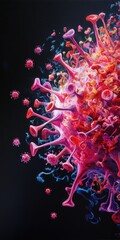 Vibrant depiction of a virus, illustrating its structure and composition in vivid colors, emphasizing the complexity of pathogens.