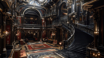A stunning, photorealistic interior of a multilevel Victorian Gothic mansion temple