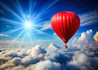 Fototapeta premium Vibrant red hot air balloon soars above a vast, cloudy sky with wispy cirrus clouds, set against a