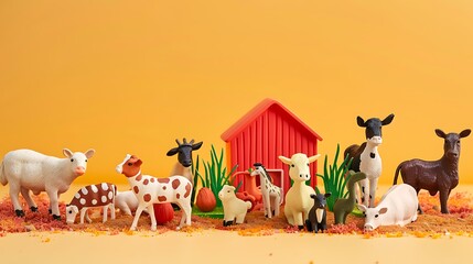 Toy farm animal playset isolated on amber and peach background
