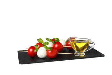 PNG, Caprese salad on a skewer with oil, isolated on white background