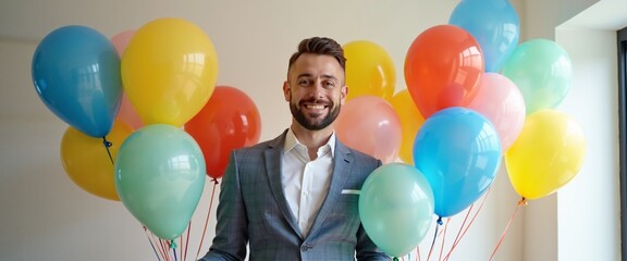 Cheerful Realtor Smiling with Colorful Balloons Against White Wall