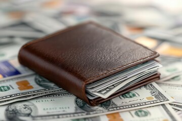 A brown leather wallet filled with cash placed atop a spread of hundred dollar bills.