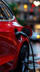 Naklejka premium A sleek red electric car charging in a vibrant urban setting, showcasing modern technology and eco-friendly transportation.