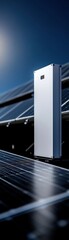 Obraz premium A sleek solar energy storage unit positioned against a backdrop of solar panels, reflecting innovation in sustainable technology.