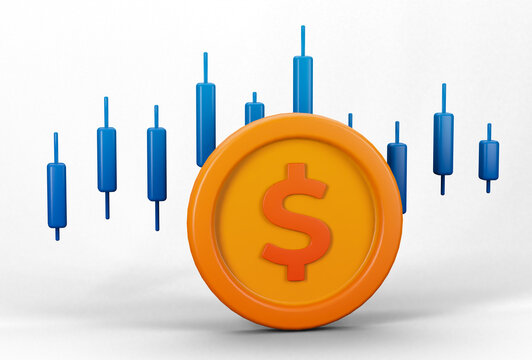 3d render of dollar coin with candlestick on the back for financial sector stock investment metaphor. Can be used for banking, financial sector, fintech apps, seminar banners, economic education