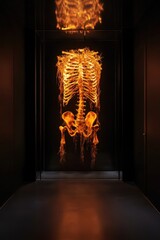 A striking illuminated skeleton display in a dark hallway, showcasing the intricate details of human anatomy against a dramatic backdrop.