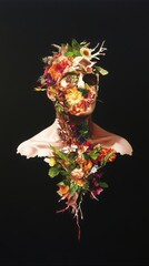 A stunning fusion of nature and art, showcasing a human bust adorned with vibrant flowers and foliage against a dark background.