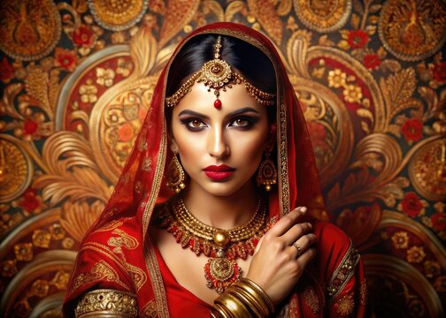 Vibrant red sari-clad woman with intricate henna designs and bold jewelry poses sensually against a richly textured Indian-inspired background with golden accents.