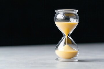 A close-up of a classic hourglass, showcasing the flowing sand that symbolizes the passage of time in a minimalist setting.