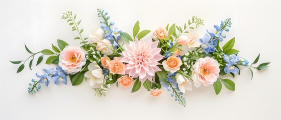 A pastel-themed floral wreath with baby blue delphiniums, cream tulips, and pink carnations intertwined beautifully